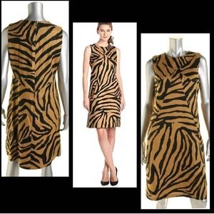 Anne Klein Womens Zebra Print Sleeveless Shift Dress Tan Black Size 10 Woven